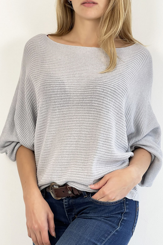 Long loose-fitting sweater in gray with linear pattern mesh effect and wide bat-effect sleeve - 5