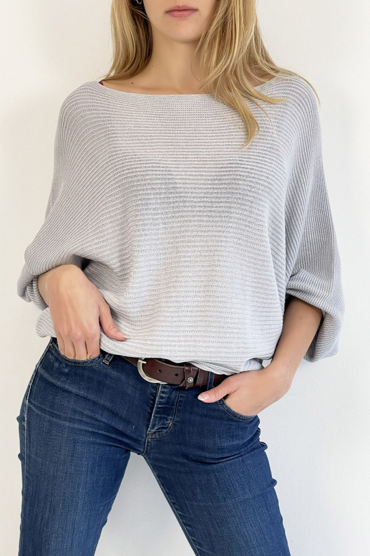 Long loose-fitting sweater in gray with linear pattern mesh effect and wide bat-effect sleeve - 6