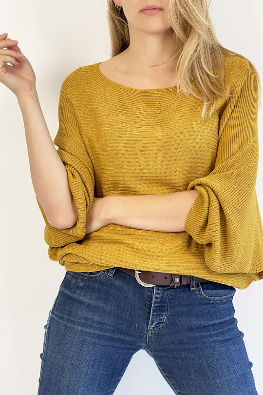 Long loose-fitting mustard sweater with linear pattern mesh effect and wide bat-effect sleeve - 1
