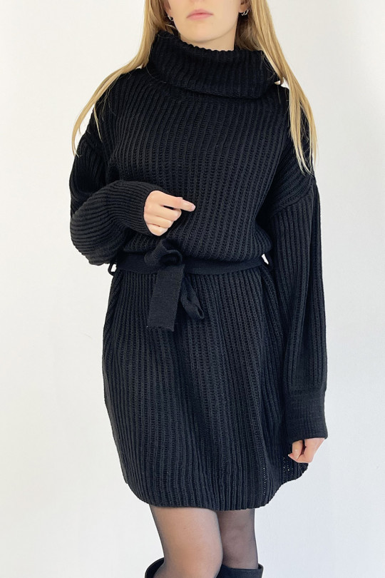 Black Mesh Effect Turtleneck Sweater Dress with Soft and Feminine Comfortable Tie Belt - 1