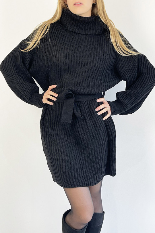 Black Mesh Effect Turtleneck Sweater Dress with Soft and Feminine Comfortable Tie Belt - 2