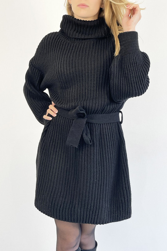 Black Mesh Effect Turtleneck Sweater Dress with Soft and Feminine Comfortable Tie Belt - 3