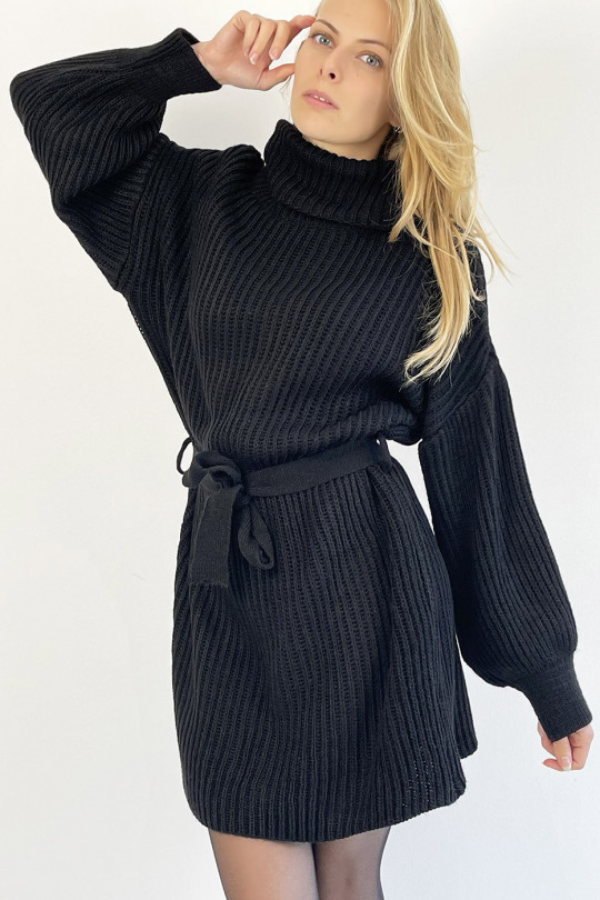 Black Mesh Effect Turtleneck Sweater Dress with Soft and Feminine Comfortable Tie Belt - 4