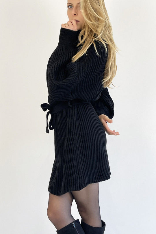 Black Mesh Effect Turtleneck Sweater Dress with Soft and Feminine Comfortable Tie Belt - 5
