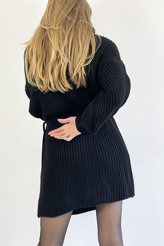 Black Mesh Effect Turtleneck Sweater Dress with Soft and Feminine Comfortable Tie Belt - 6