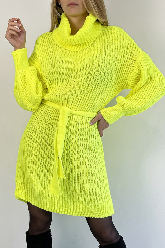 Robe pull jaune col roulé effet maille avec ceinture à nouée confortable douce et féminine - 2