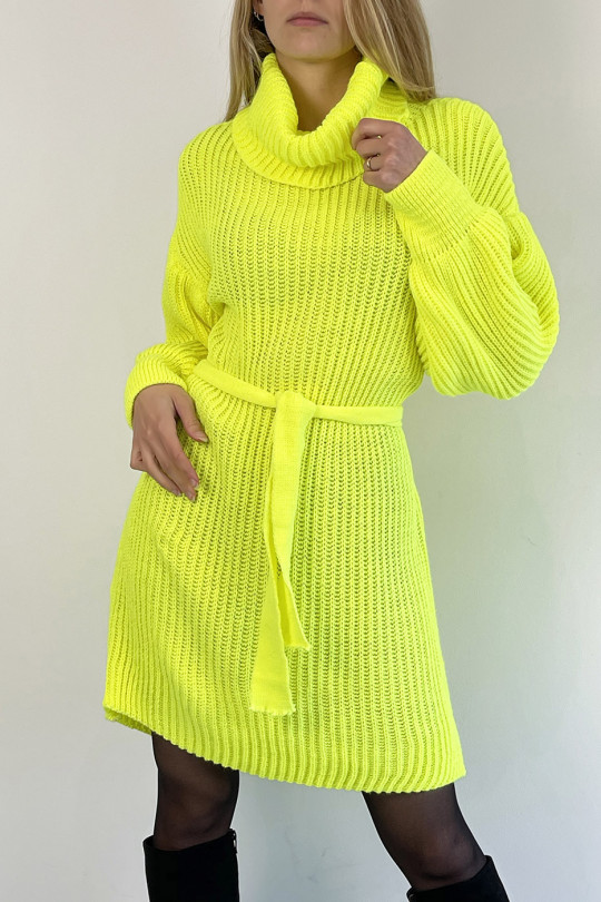 Robe pull jaune col roulé effet maille avec ceinture à nouée confortable douce et féminine - 3