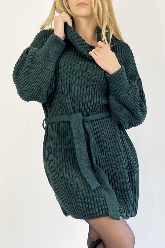Green Turtleneck Knit Effect Sweater Dress with Soft and Feminine Comfortable Tie Belt - 1