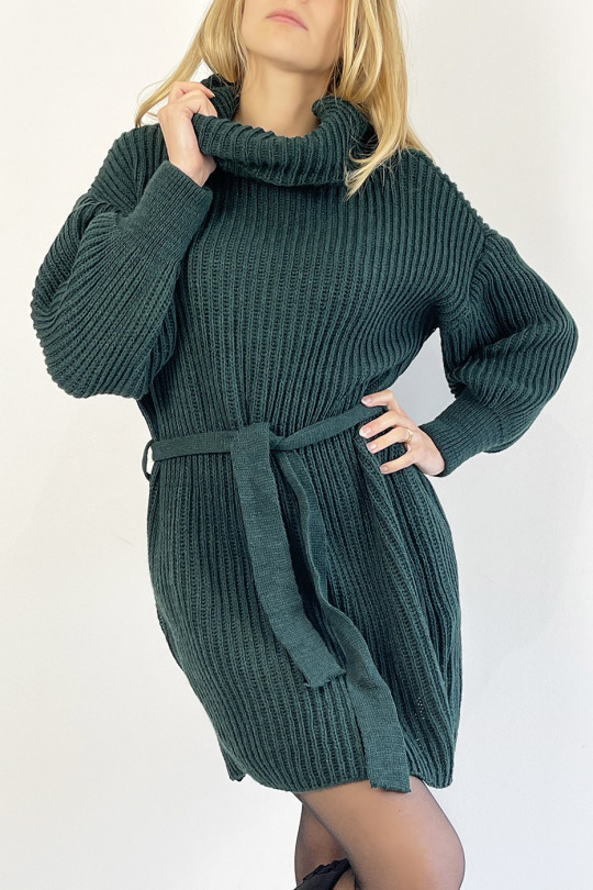 Green Turtleneck Knit Effect Sweater Dress with Soft and Feminine Comfortable Tie Belt - 2