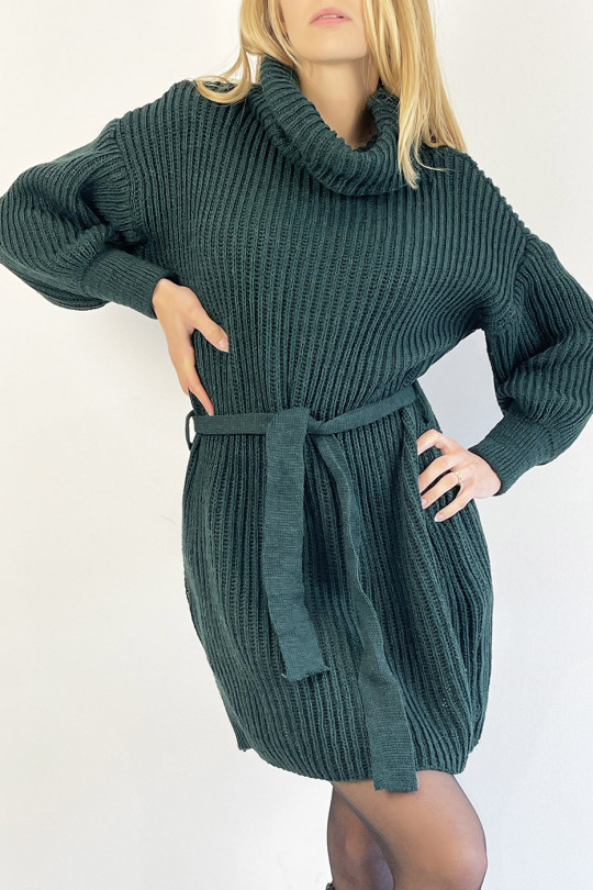 Green Turtleneck Knit Effect Sweater Dress with Soft and Feminine Comfortable Tie Belt - 3