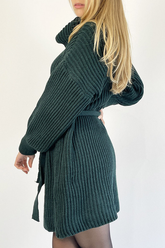 Green Turtleneck Knit Effect Sweater Dress with Soft and Feminine Comfortable Tie Belt - 4