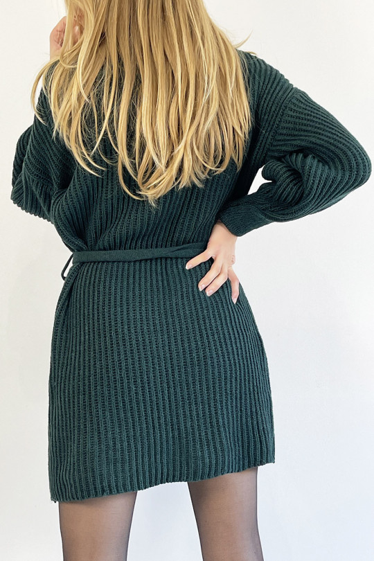 Green Turtleneck Knit Effect Sweater Dress with Soft and Feminine Comfortable Tie Belt - 5