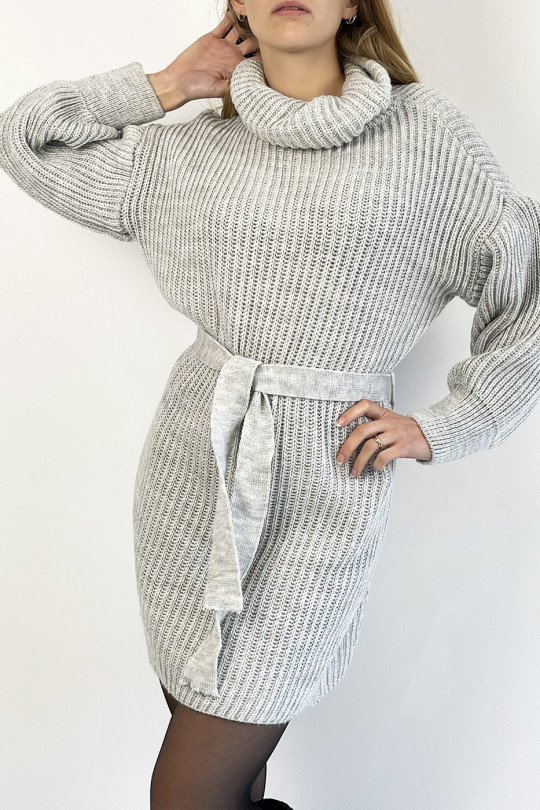 Gray knit effect turtleneck sweater dress with soft and feminine comfortable tie belt - 1