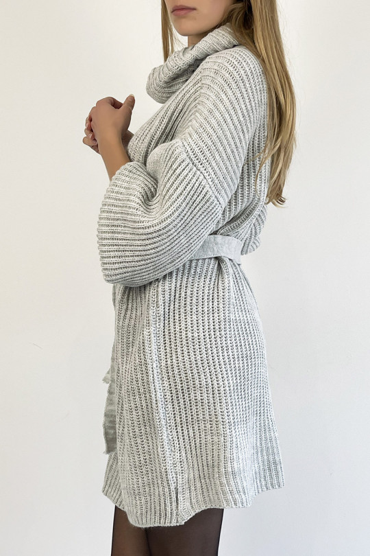 Gray knit effect turtleneck sweater dress with soft and feminine comfortable tie belt - 2