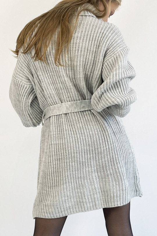 Robe pull grise col roulé effet maille avec ceinture à nouée confortable douce et féminine - 3