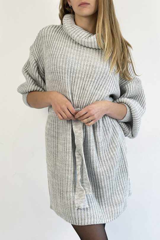 Robe pull grise col roulé effet maille avec ceinture à nouée confortable douce et féminine - 4