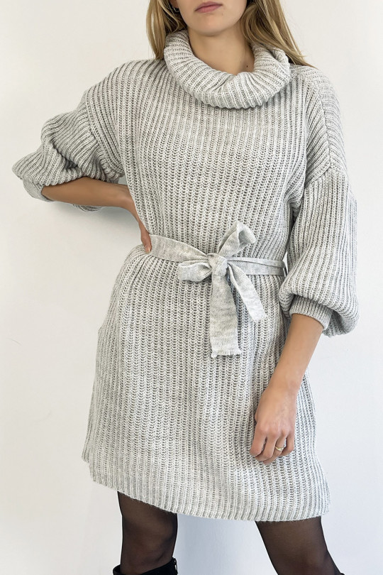 Gray knit effect turtleneck sweater dress with soft and feminine comfortable tie belt - 5