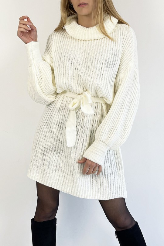 White Mesh Effect Turtleneck Sweater Dress with Soft and Feminine Comfortable Tie Belt - 1