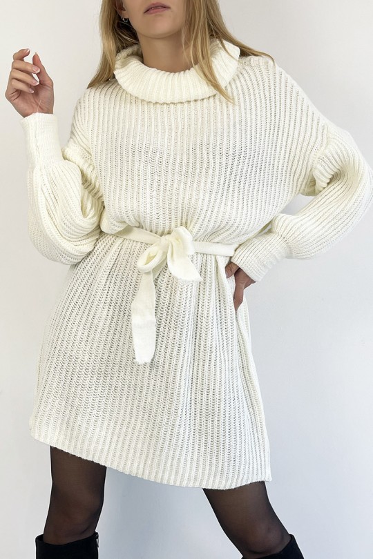 White Mesh Effect Turtleneck Sweater Dress with Soft and Feminine Comfortable Tie Belt - 2
