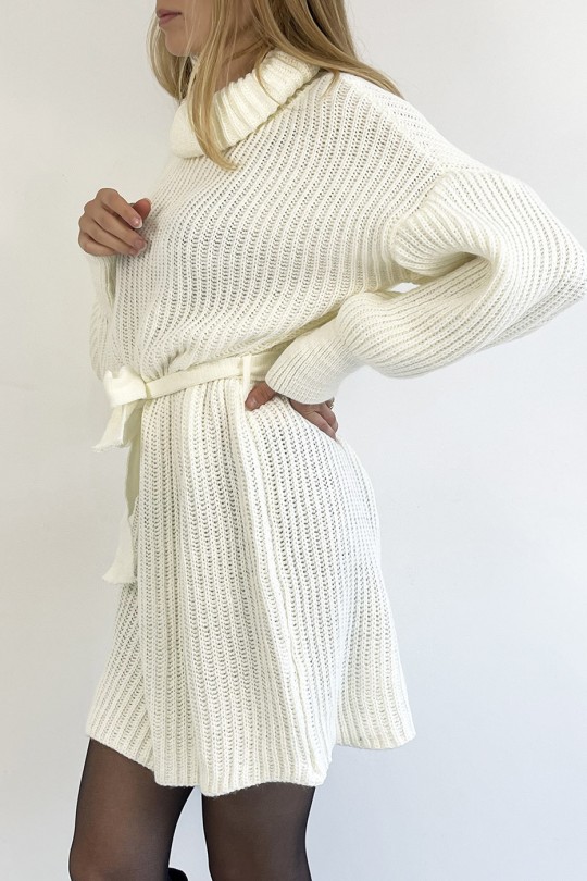 White Mesh Effect Turtleneck Sweater Dress with Soft and Feminine Comfortable Tie Belt - 3