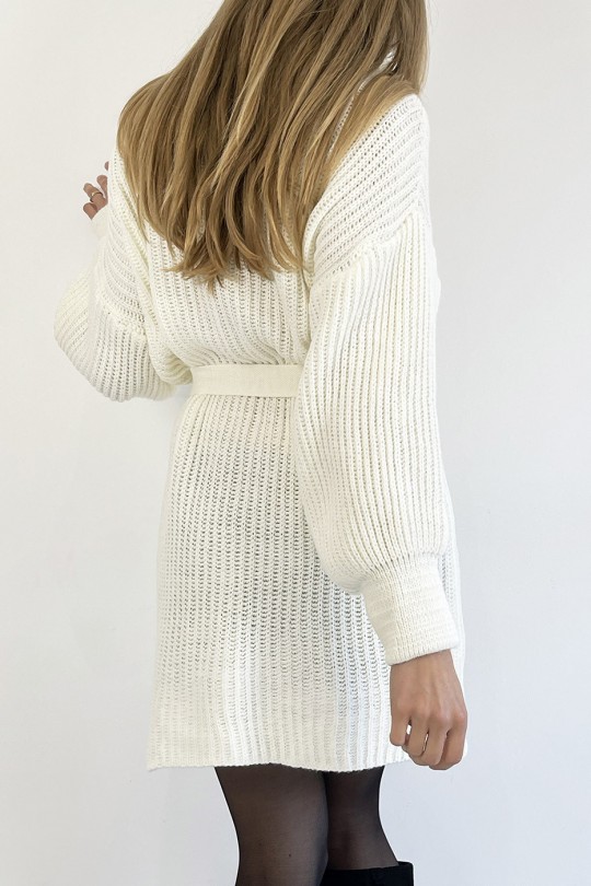 White Mesh Effect Turtleneck Sweater Dress with Soft and Feminine Comfortable Tie Belt - 4