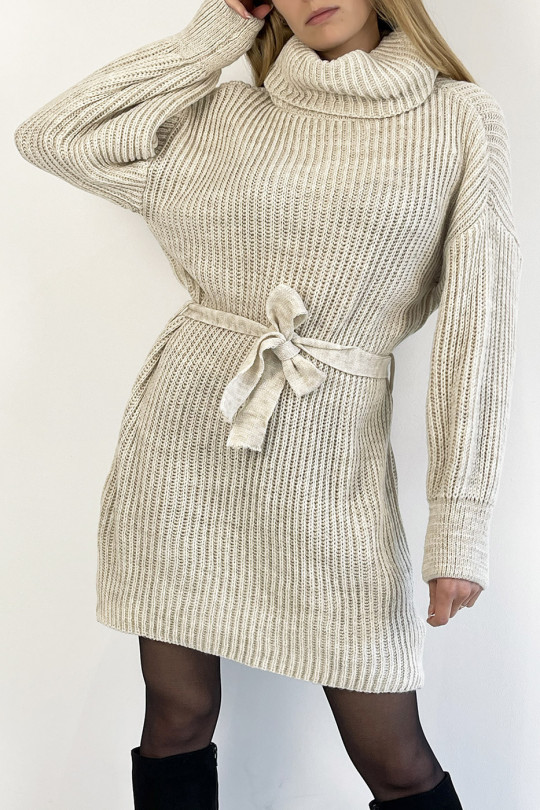 Robe pull beige col roulé effet maille avec ceinture à nouée confortable douce et féminine - 1