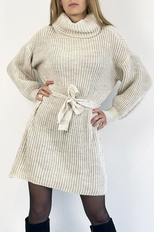Beige turtleneck knit effect sweater dress with soft and feminine comfortable tie belt - 2