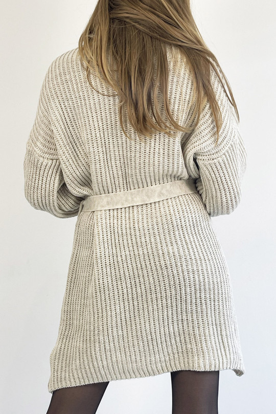 Beige turtleneck knit effect sweater dress with soft and feminine comfortable tie belt - 3