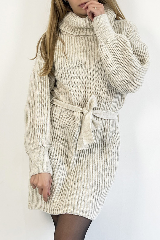 Beige turtleneck knit effect sweater dress with soft and feminine comfortable tie belt - 4