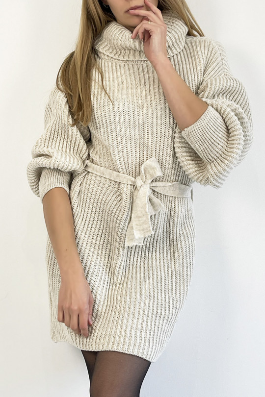 Beige turtleneck knit effect sweater dress with soft and feminine comfortable tie belt - 5