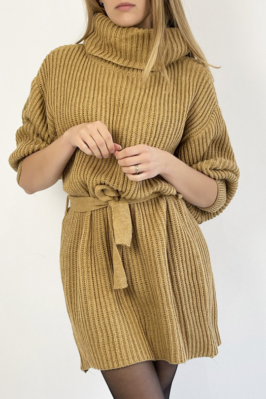 Camel knit effect turtleneck sweater dress with soft and feminine comfortable knotted belt - 1