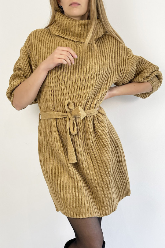 Camel knit effect turtleneck sweater dress with soft and feminine comfortable knotted belt - 3