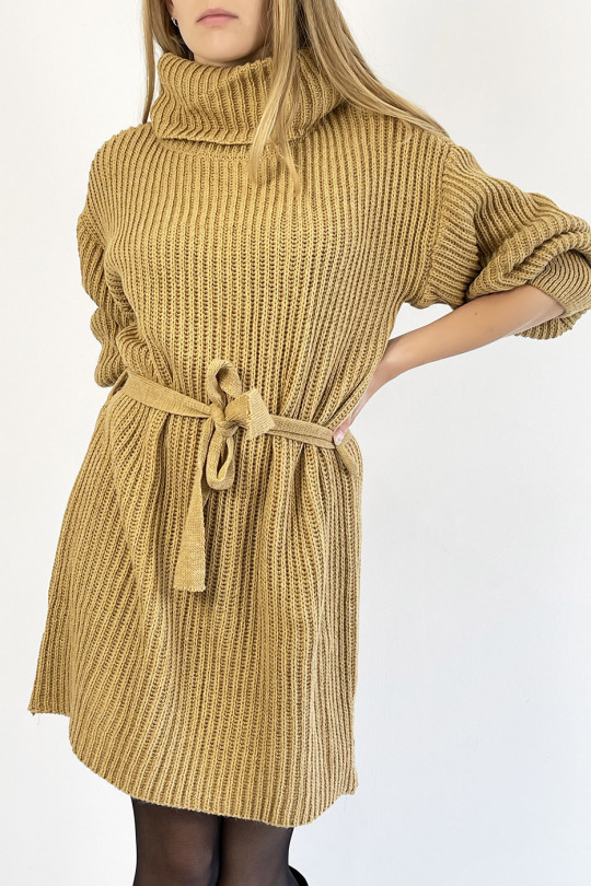 Camel knit effect turtleneck sweater dress with soft and feminine comfortable knotted belt - 4