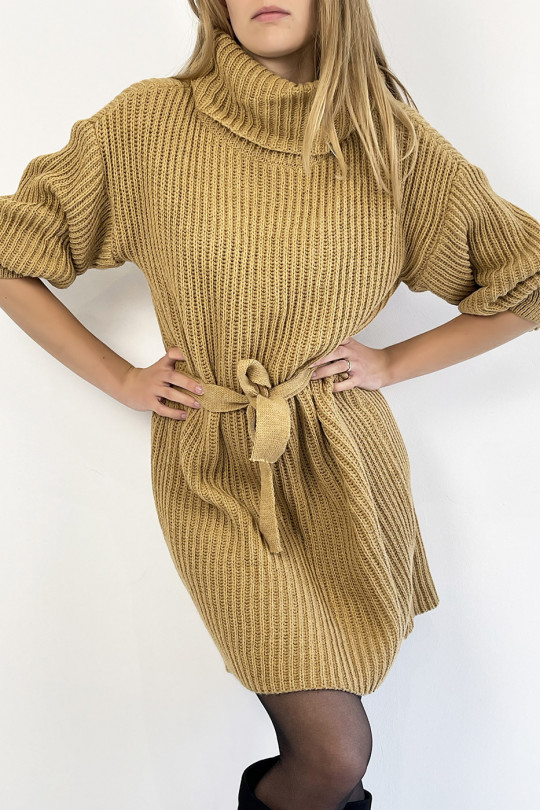 Camel knit effect turtleneck sweater dress with soft and feminine comfortable knotted belt - 5