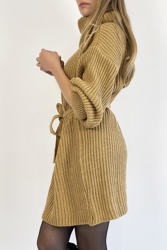 Camel knit effect turtleneck sweater dress with soft and feminine comfortable knotted belt - 6