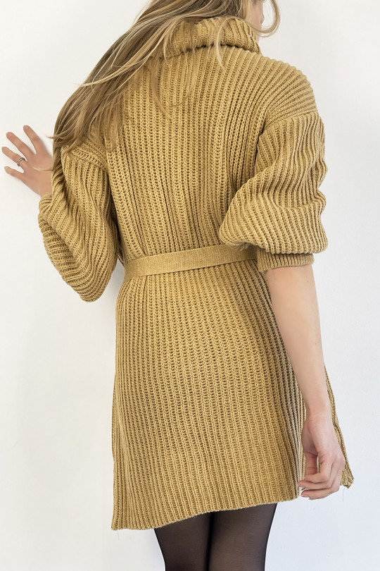 Camel knit effect turtleneck sweater dress with soft and feminine comfortable knotted belt - 7