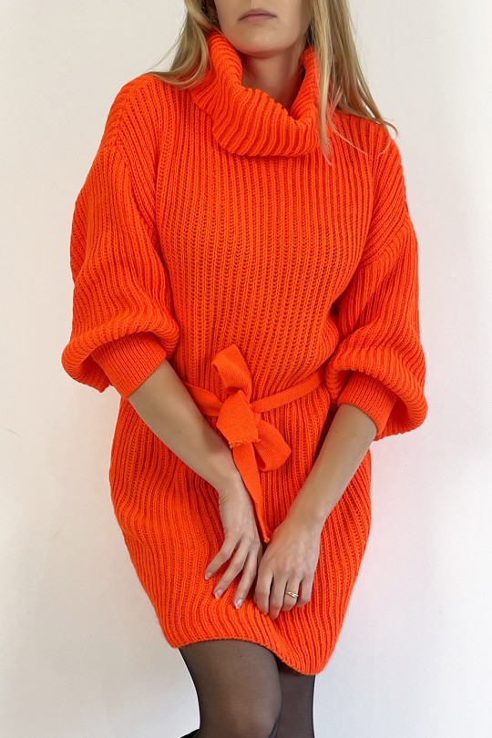 Orange Turtleneck Knit Effect Sweater Dress with Soft and Feminine Comfortable Tie Belt - 2