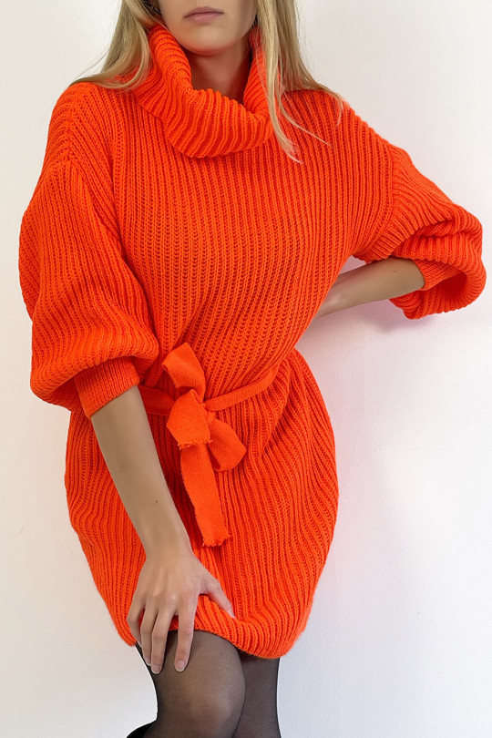 Orange Turtleneck Knit Effect Sweater Dress with Soft and Feminine Comfortable Tie Belt - 3