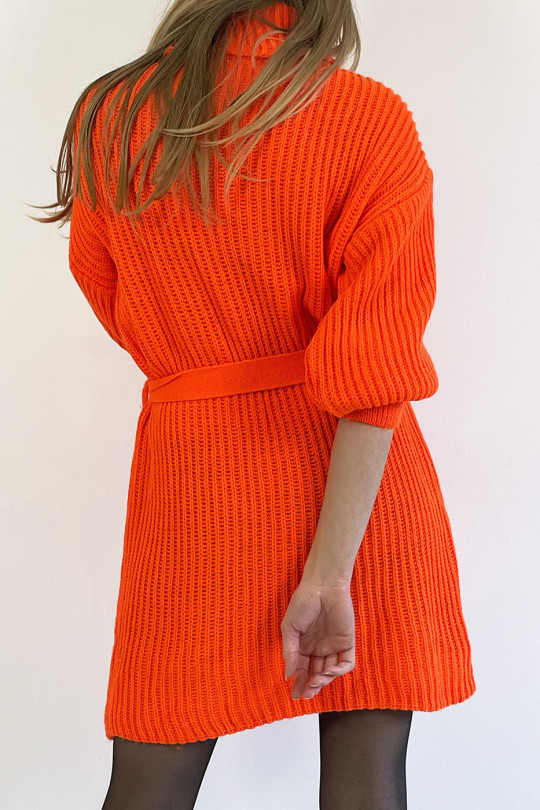 Orange Turtleneck Knit Effect Sweater Dress with Soft and Feminine Comfortable Tie Belt - 5