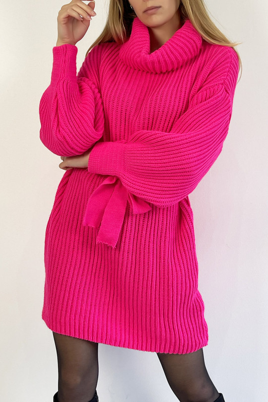 Robe pull fuchsia col roulé effet maille avec ceinture à nouée confortable douce et féminine - 1