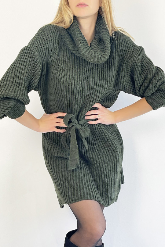 Khaki knit effect turtleneck sweater dress with soft and feminine comfortable tie belt - 1