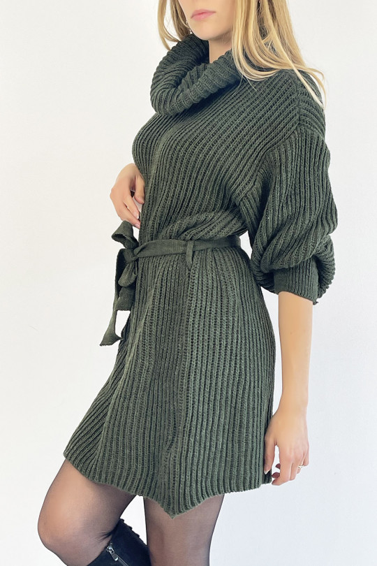 Khaki knit effect turtleneck sweater dress with soft and feminine comfortable tie belt - 2