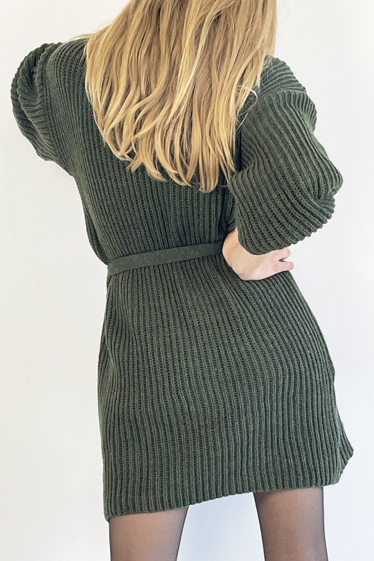 Khaki knit effect turtleneck sweater dress with soft and feminine comfortable tie belt - 3