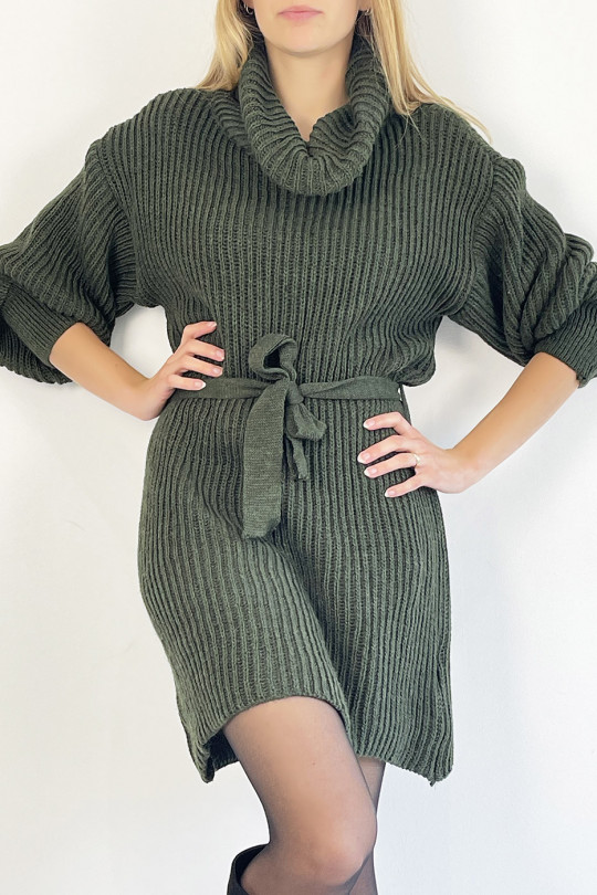 Khaki knit effect turtleneck sweater dress with soft and feminine comfortable tie belt - 4
