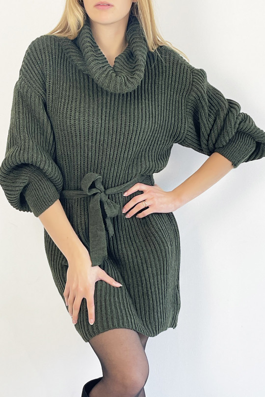 Khaki knit effect turtleneck sweater dress with soft and feminine comfortable tie belt - 5