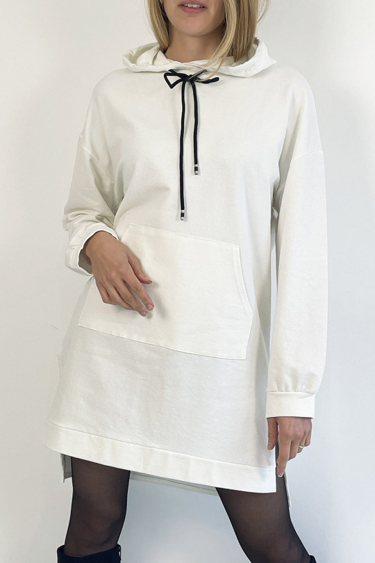 Long white tunic hooded sweatshirt with front pocket - 1