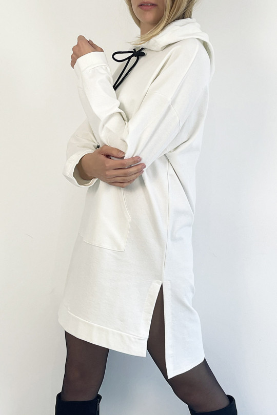 Long white tunic hooded sweatshirt with front pocket - 2