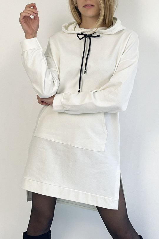 Long white tunic hooded sweatshirt with front pocket - 3