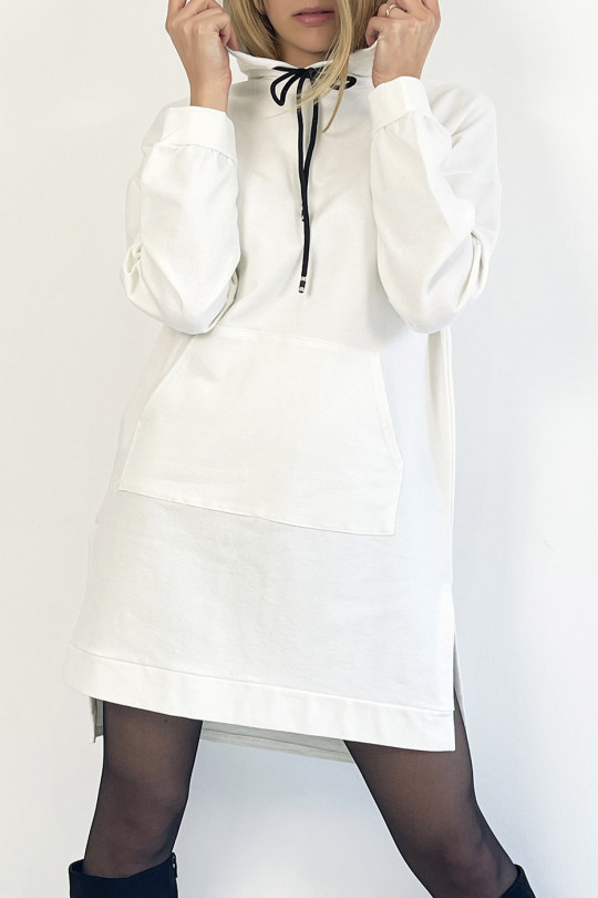 Long white tunic hooded sweatshirt with front pocket - 4