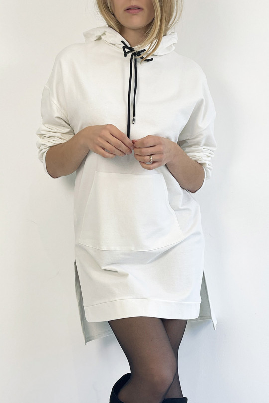 Long white tunic hooded sweatshirt with front pocket - 6